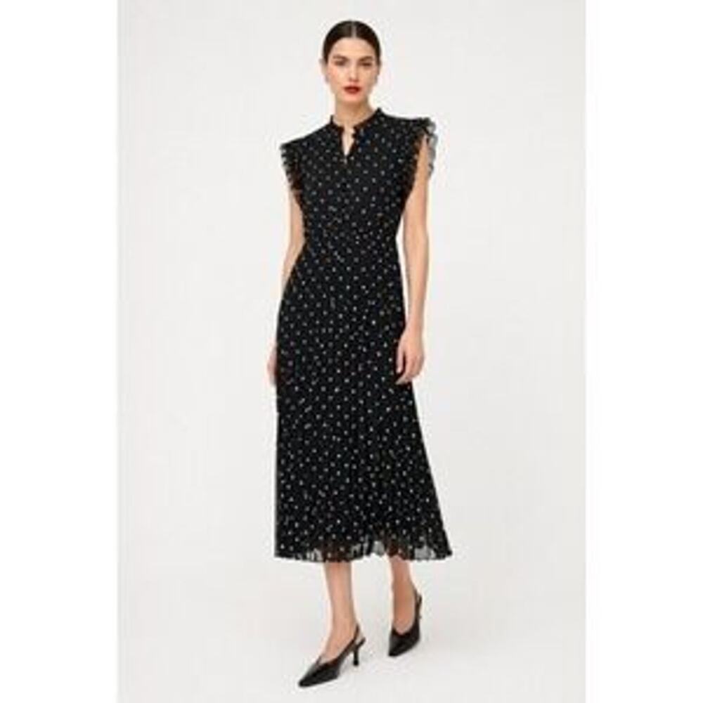 NEW Les Serein Perla Dress Black Polka Dots Fit & Flare Pleated Midi Flutter M